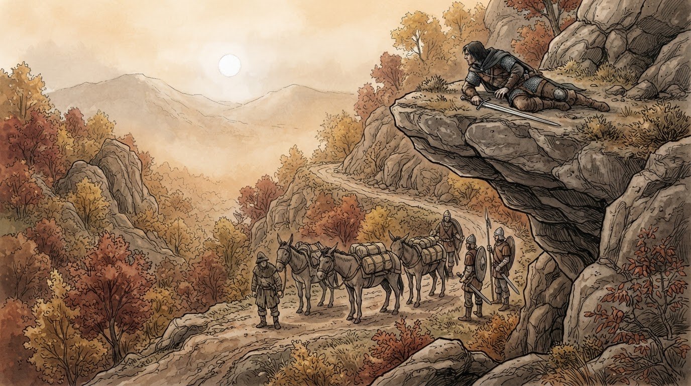A sellsword lies flat on a rock overhang with his sword drawn, above a mule caravan halted on a mountain track in autumn